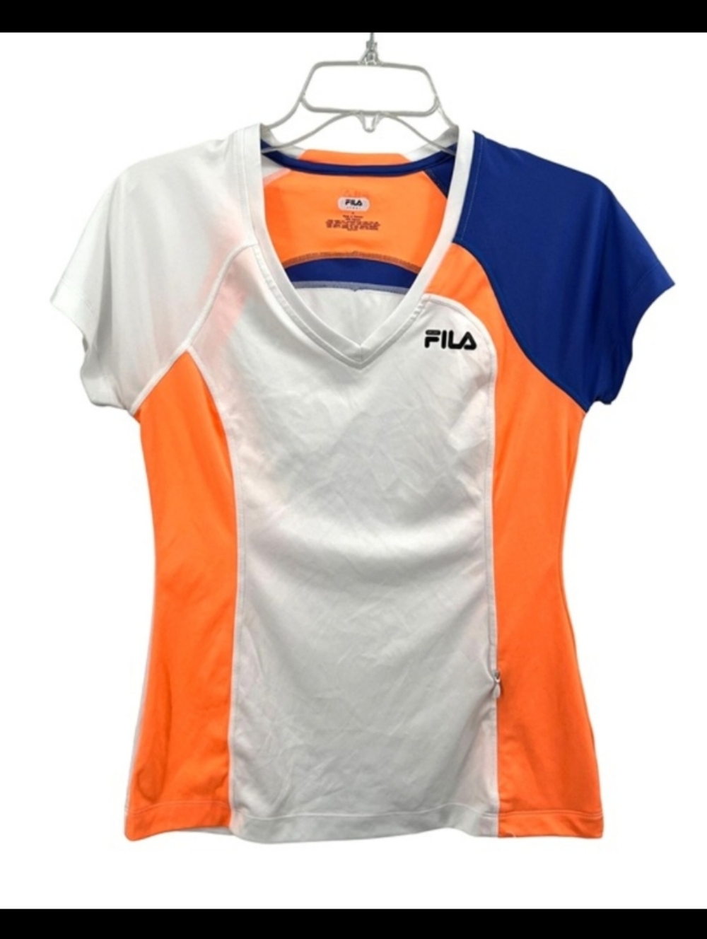 Fila Women’s XL Athletic Top Short Sleeve V Neck Orange Blue White Colorblock